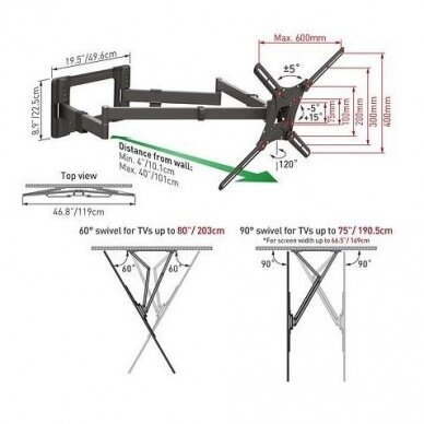 BARKAN BM464XL 13-80" lygiam/lenktam TV, 4 lankstų, sieninis, juodas, labai ilgas 2