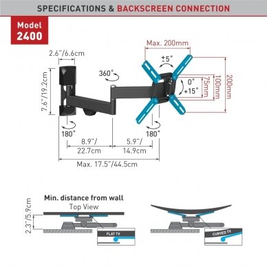 BARKAN 2400.B 26"-39" lygiam/lenktam TV, 4 lankstų, sieninis, juodas 2