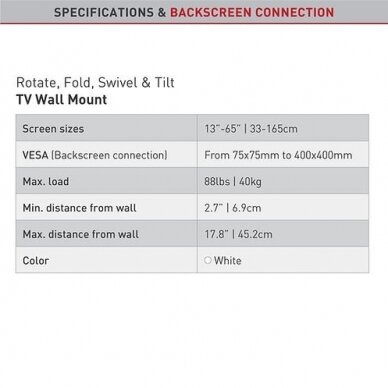 BARKAN 3400W.W 13"-65" lygiam/lenktam TV, 4 lankstų, sieninis, baltas 6