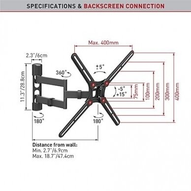 BARKAN BM343 13"-65" lygiam/lenktam TV, 4 lankstų, sieninis, juodas 2