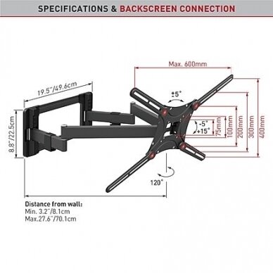 BARKAN BM464L 13"-90" lygiam/lenktam TV, 4 lankstų, sieninis, prailgintas 2