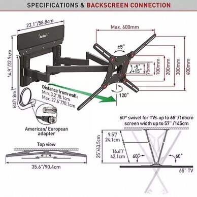 BARKAN VTM464L  13"-90" TV, 4 lankstų, su antena, sieninis, juodas, labai ilgas 4